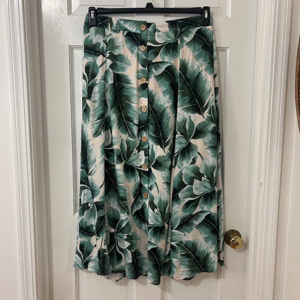 Unbranded Tropical Palm Flowy Midi‎ Maxi Skirt Sz L Button VTG Boho Resort READ